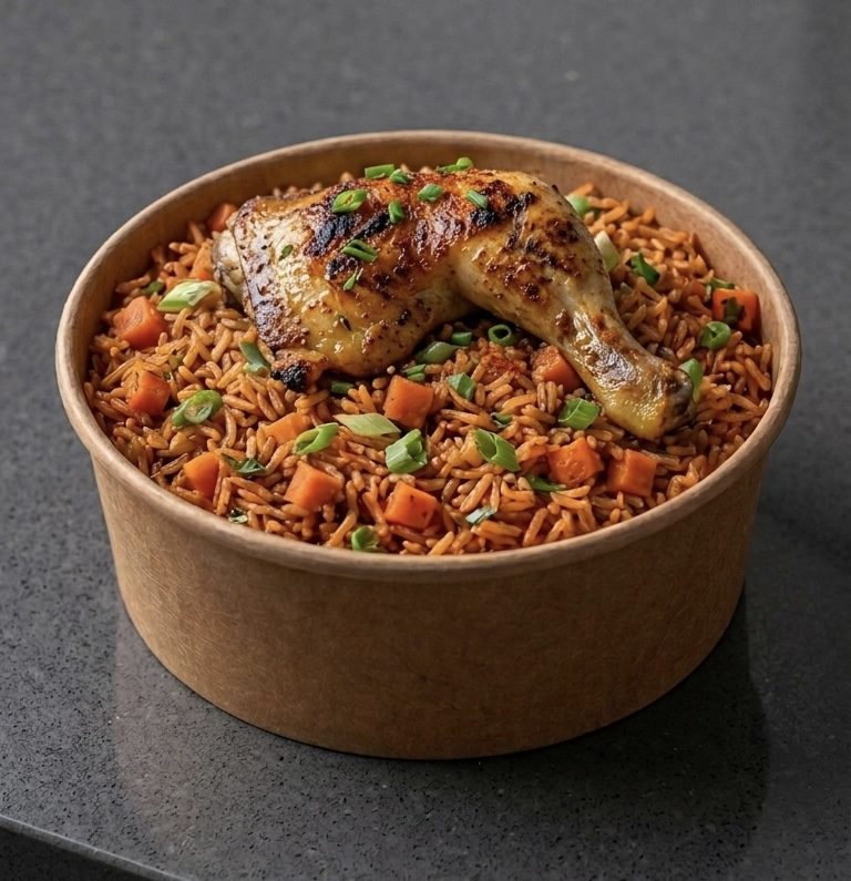 Riz Sauté, Cuisse de Poulet & Légumes Croquants